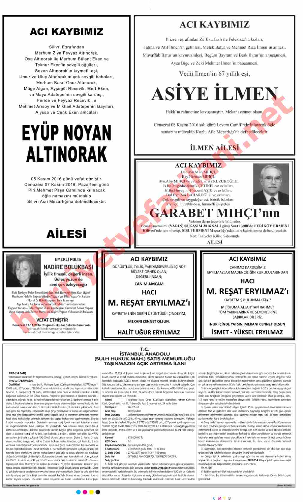 07 Kasım 2016 Pazartesi Günü Hürriyet Gazetesinde Yayınlanmış Vefat İlanları Sayfası