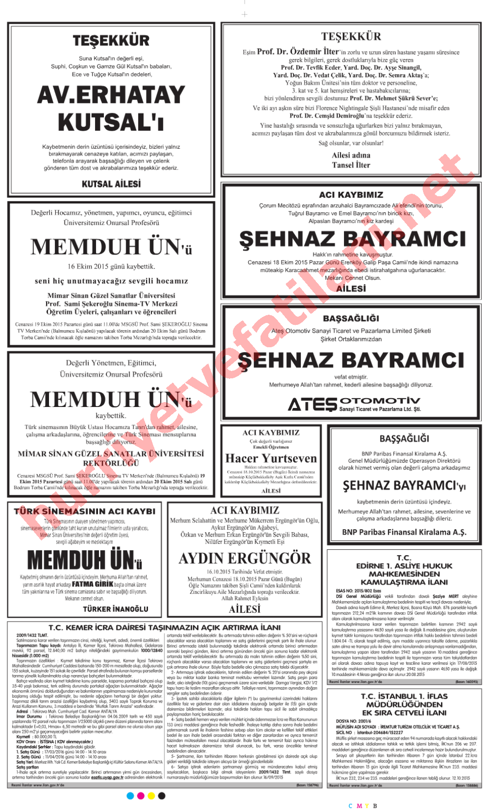 18 Ekim 2015 Hürriyet Gazetesinde Yayınlanmış Vefat İlanları Sayfası