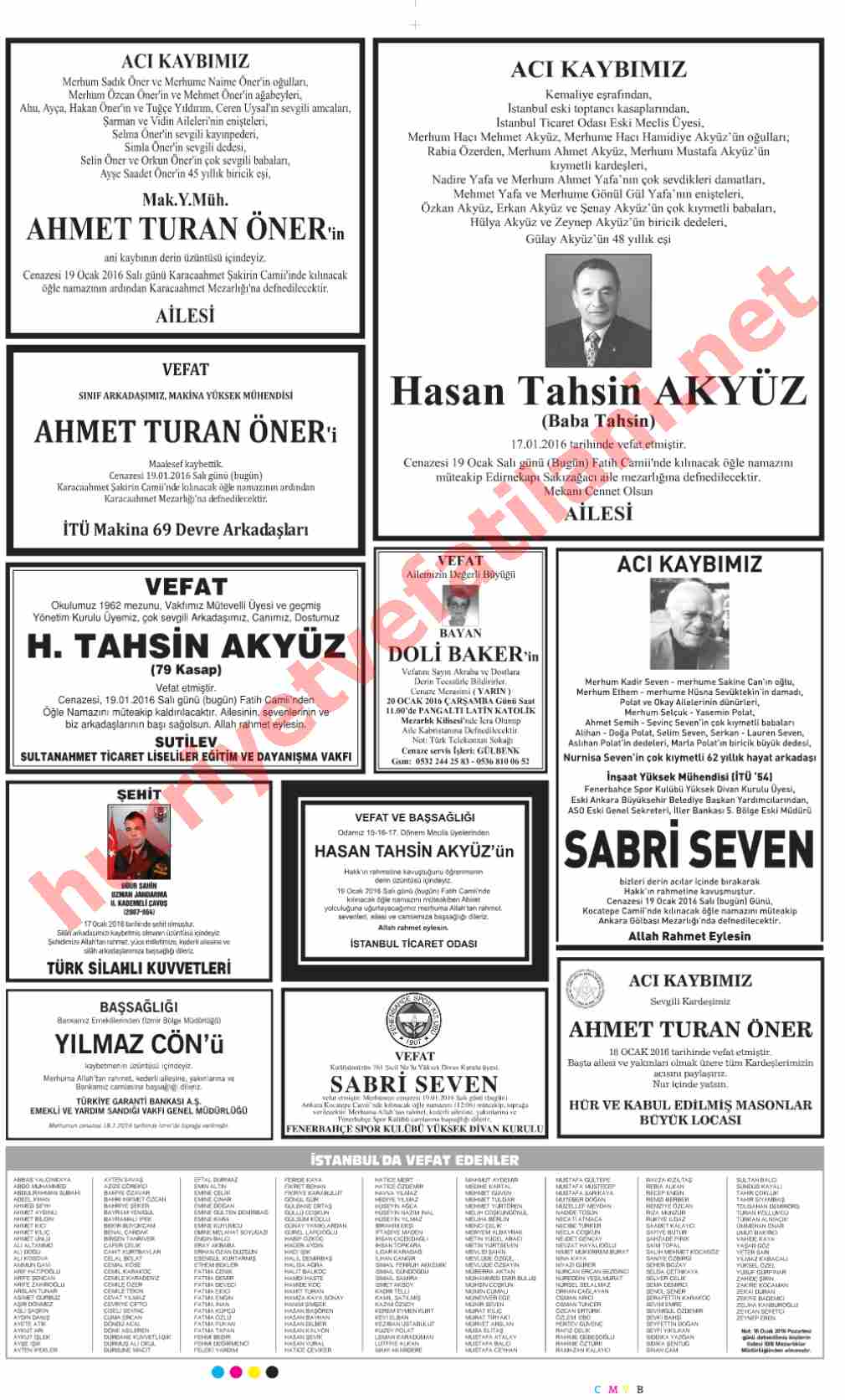 19 Ocak 2016 Hürriyet Gazetesinde Yayınlanmış Vefat İlanları Sayfası