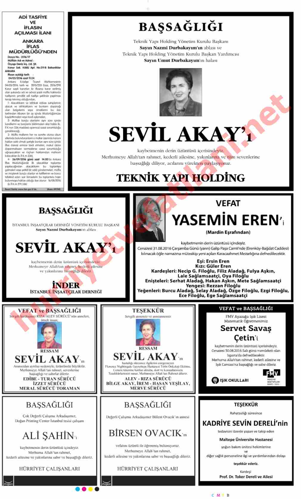 30 Ağustos 2016 Salı Günü Hürriyet Gazetesinde Yayınlanmış Vefat İlanları Sayfası