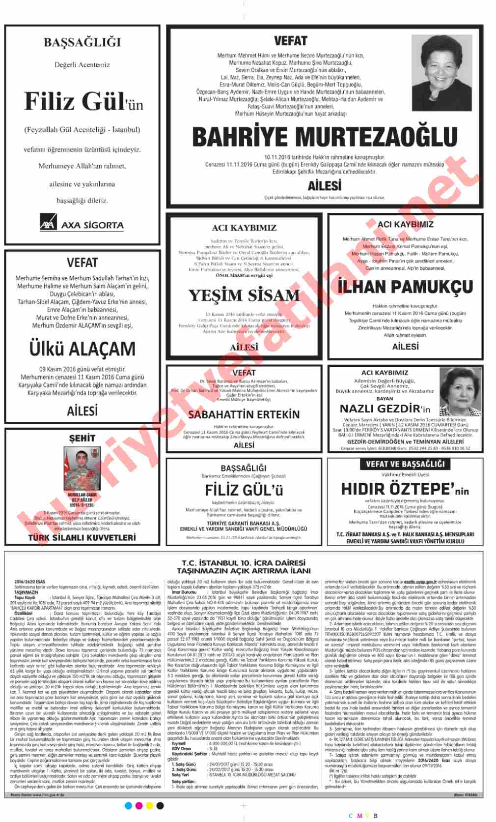 11 Kasım 2016 Hürriyet Gazetesinde Yayınlanmış Vefat İlanları Sayfası