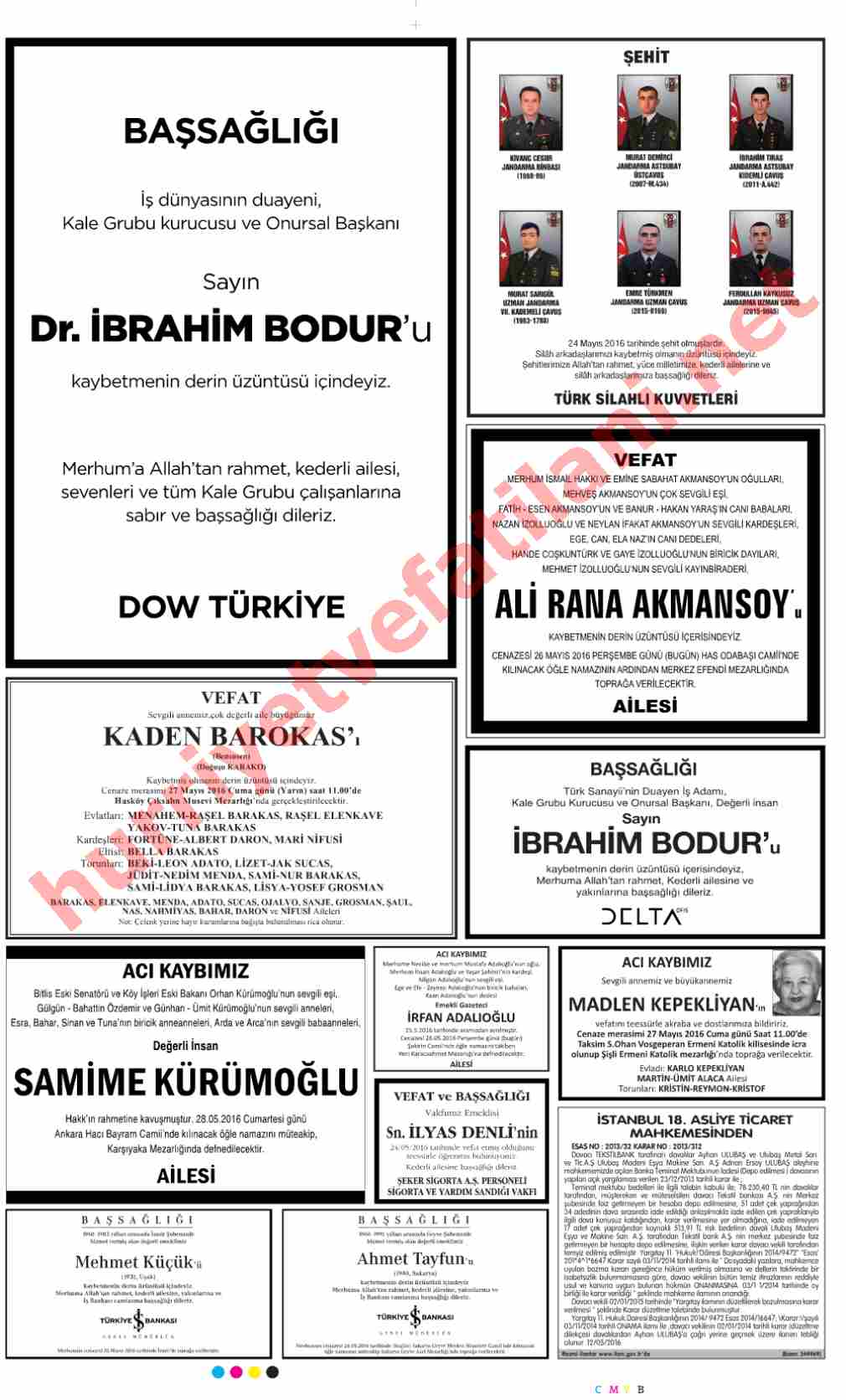 26 Mayıs 2016 Perşembe Günü Hürriyet Gazetesinde Yayınlanmış Vefat İlanları Sayfası