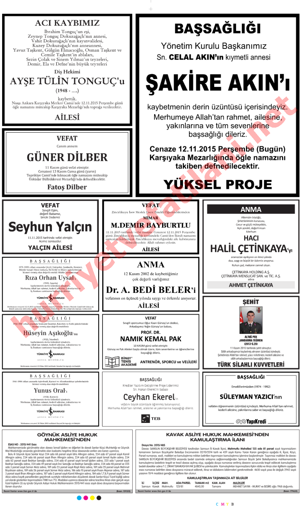 12 Kasım 2015 Hürriyet Gazetesinde Yayınlanmış Vefat İlanları Sayfası