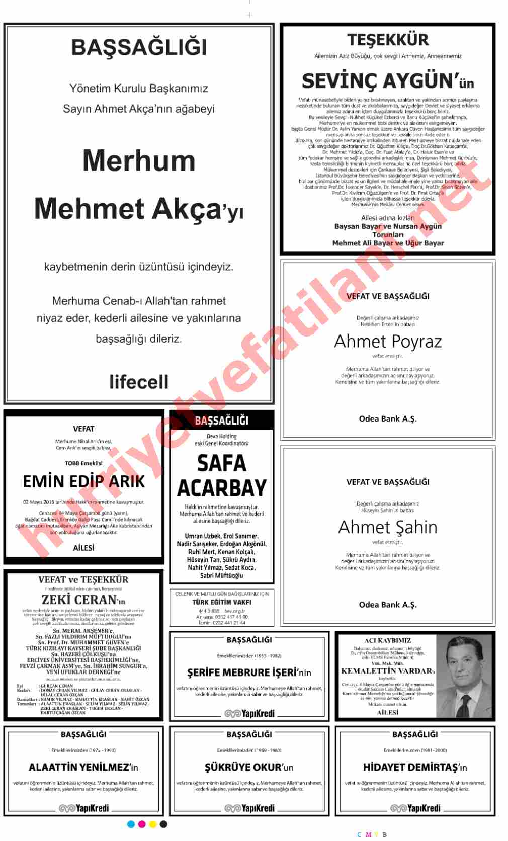 03 Mayıs 2016 Salı Günü Hürriyet Gazetesinde Yayınlanmış Vefat İlanları Sayfası