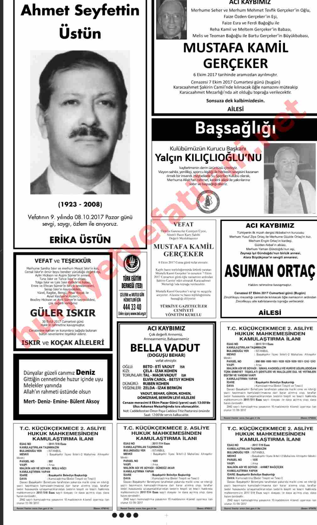 07 Ekim 2017 Hürriyet Gazetesinde Yayınlanmış Vefat İlanları Sayfası