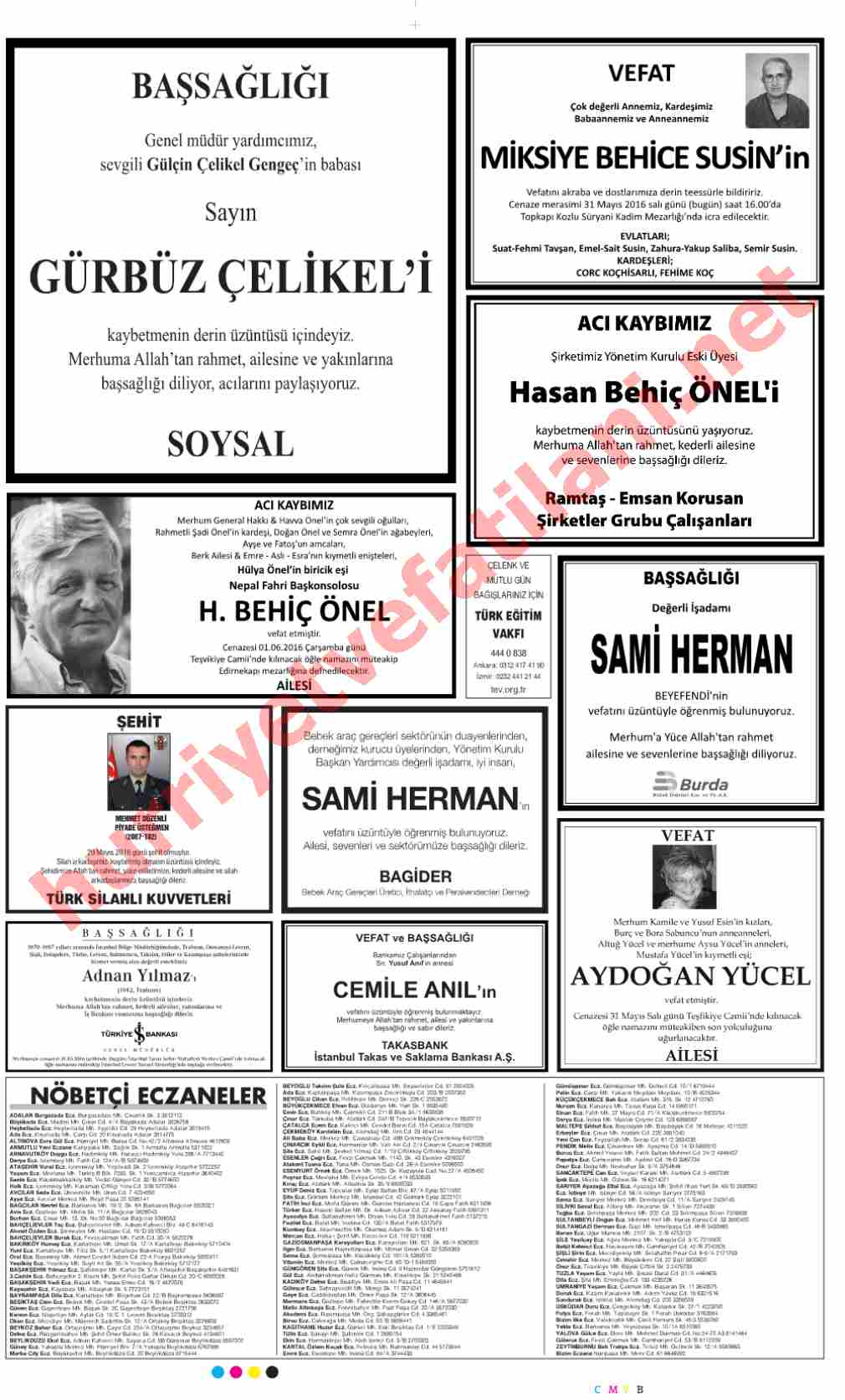 31 Mayıs 2016 Salı Günü Hürriyet Gazetesinde Yayınlanmış Vefat İlanları Sayfası