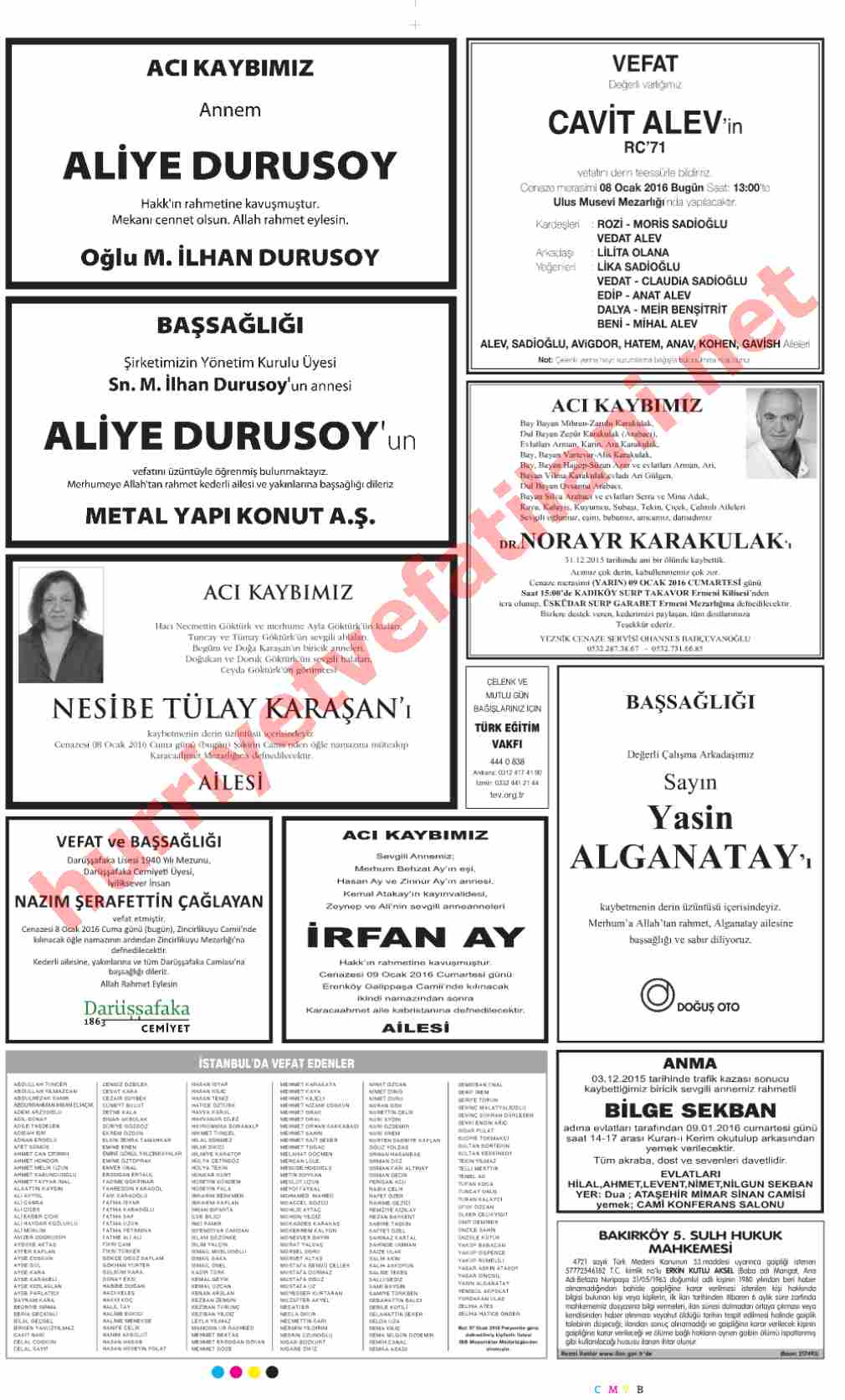 08 Ocak 2016 Hürriyet Gazetesinde Yayınlanmış Vefat İlanları Sayfası
