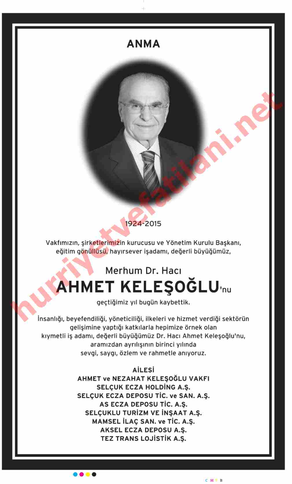 14 Ocak 2016 Hürriyet Gazetesinde Yayınlanmış Vefat İlanları Sayfası