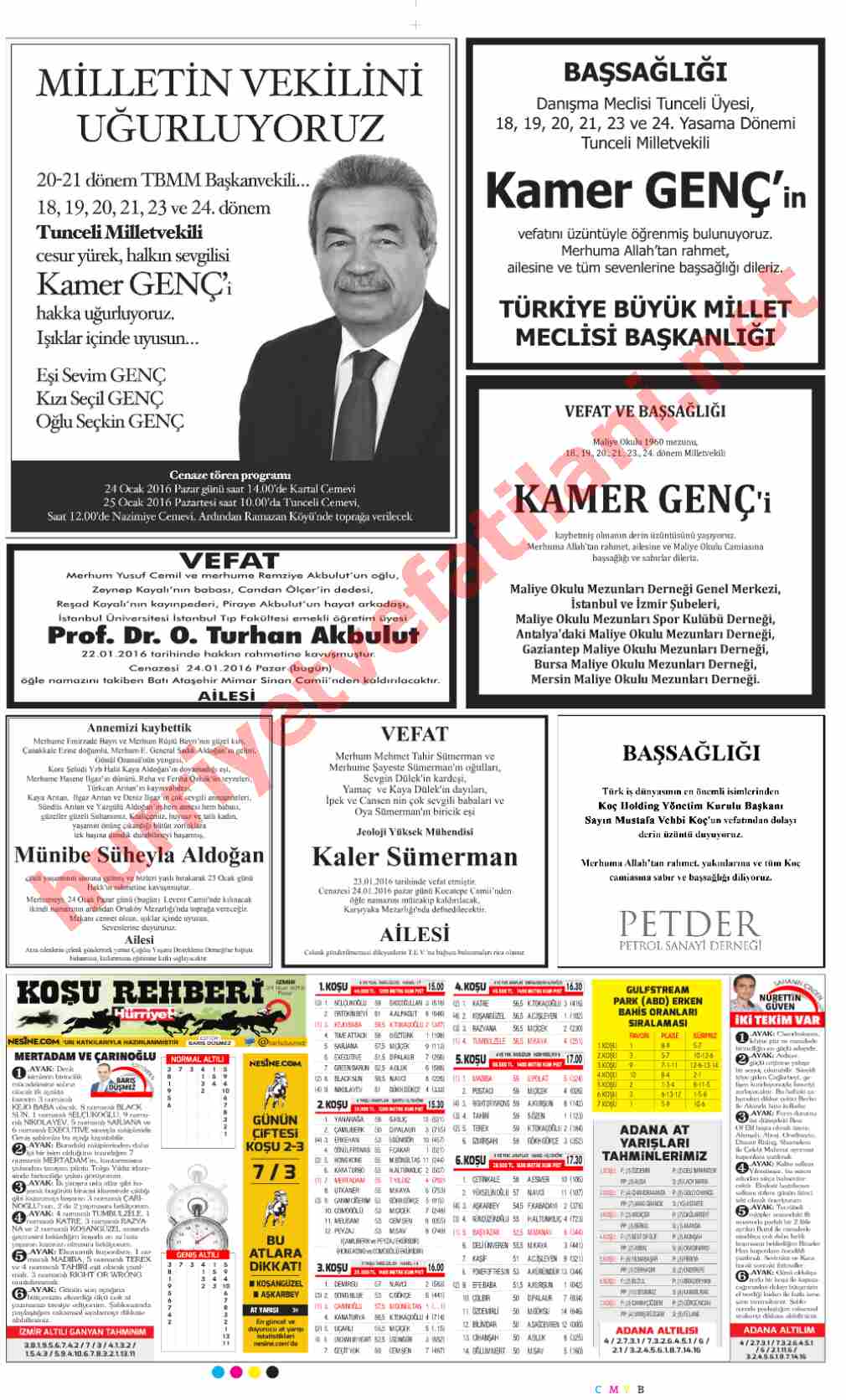 24 Ocak 2016 Hürriyet Gazetesinde Yayınlanmış Vefat İlanları Sayfası