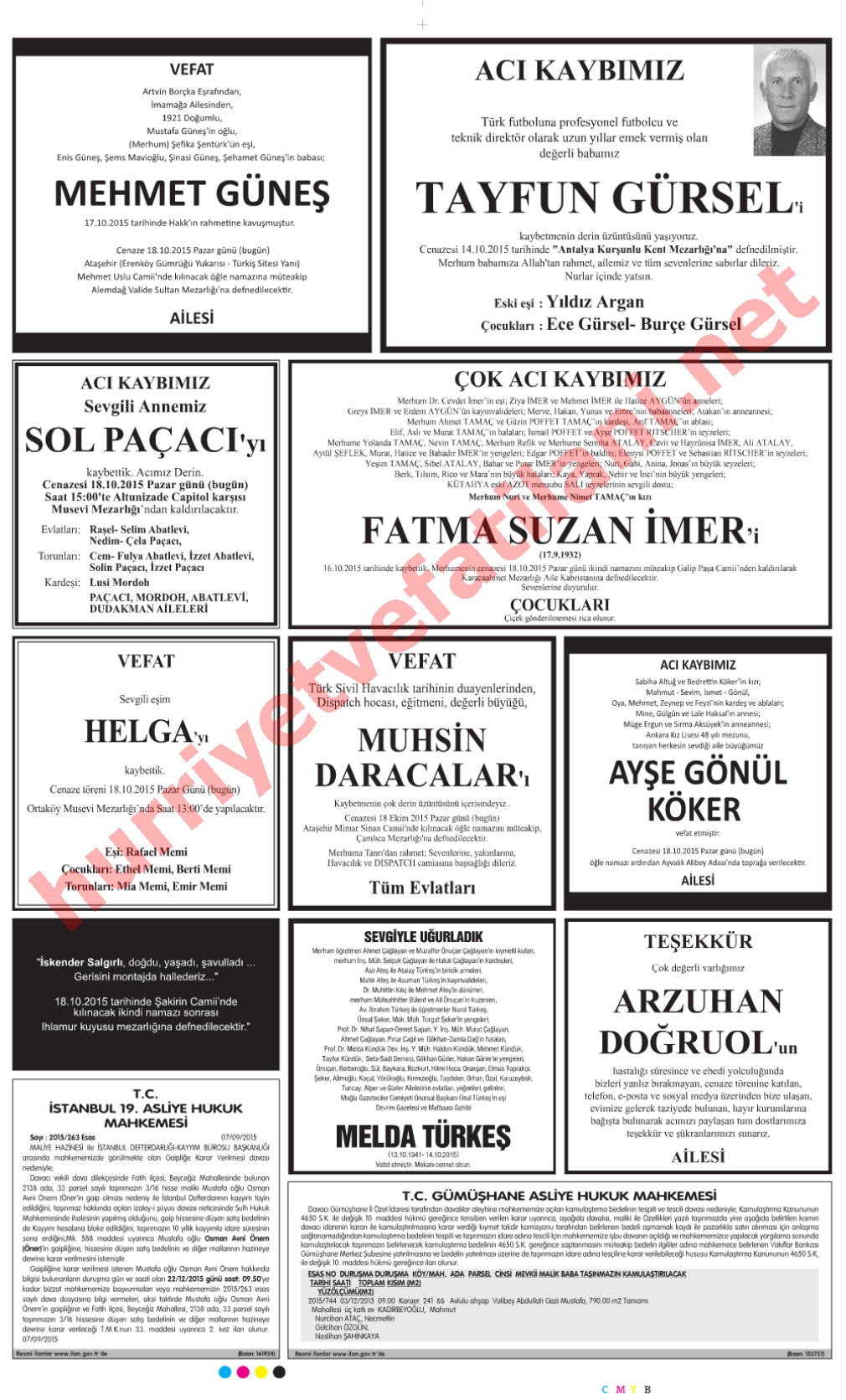 18 Ekim 2015 Hürriyet Gazetesinde Yayınlanmış Vefat İlanları Sayfası