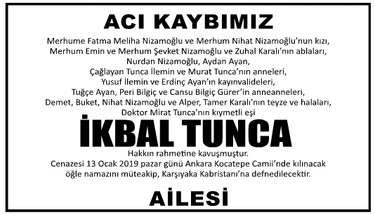 İkbal Tunca Vefat İlanı