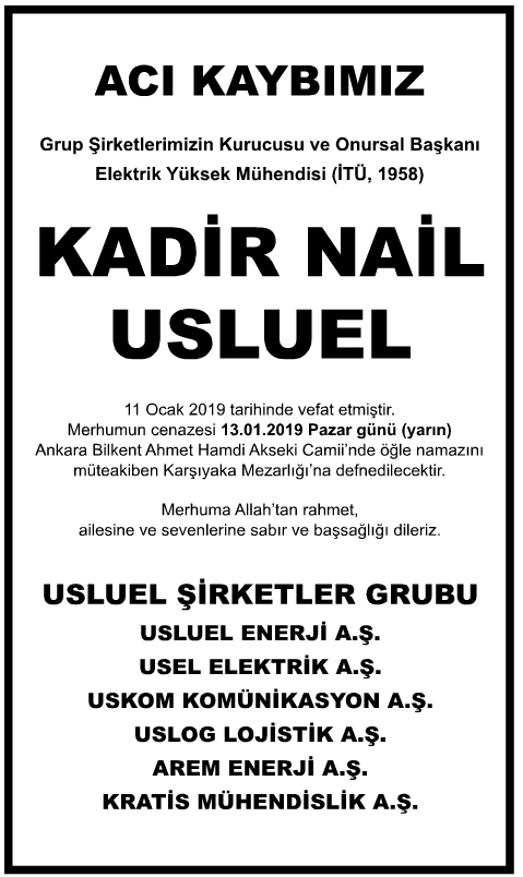 Kadir Nail Usluel Vefat İlanı