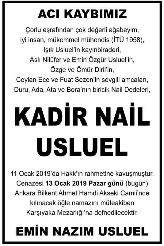 Kadir Nail Usluel Vefat İlanı