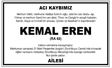  Kemal Eren Vefat İlanı