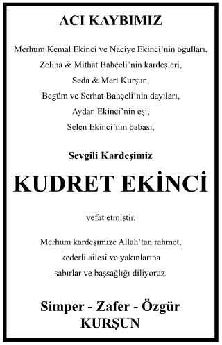Kudret Ekinci Vefat İlanı