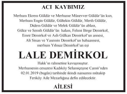 Lale Demirkol Vefat İlanı