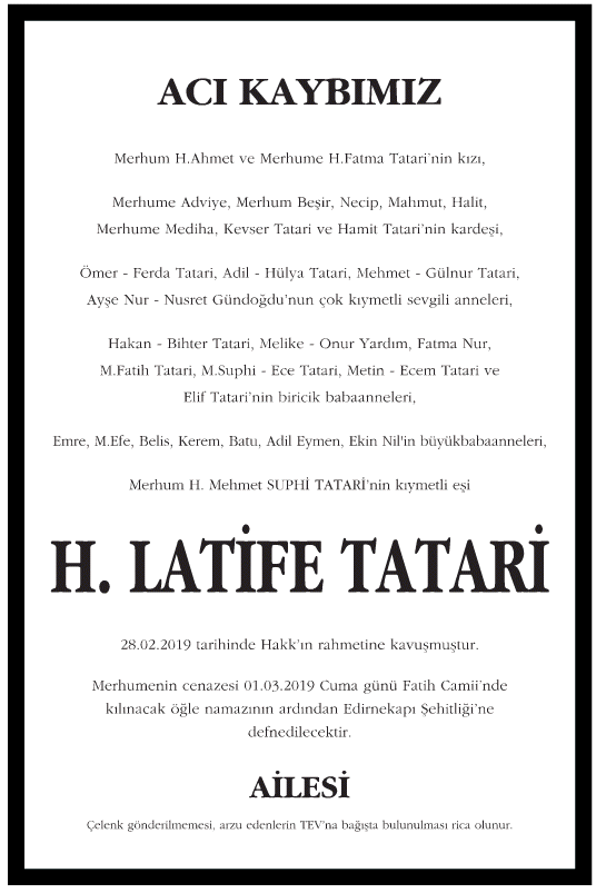 Latife Tatari Vefat İlanı