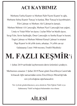 M. Fazlı Keşmir Vefat İlanı