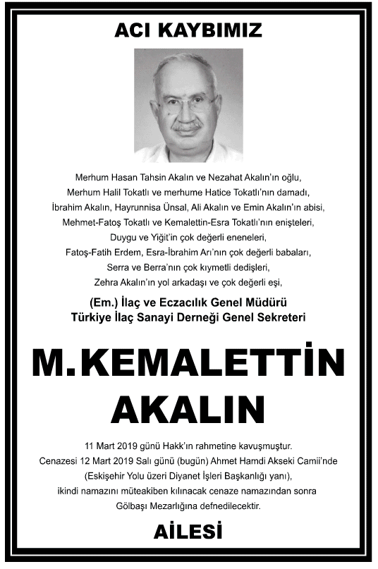 M. Kemalettin Akalın Vefat İlanı