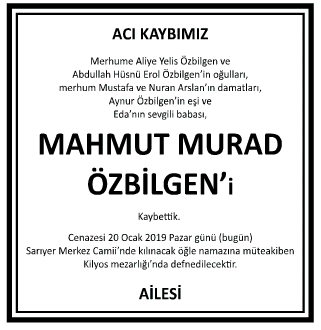 Mahmut Murad Özbilgen Vefat İlanı