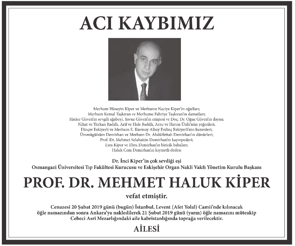 Mehmet Haluk Kiper Vefat İlanı