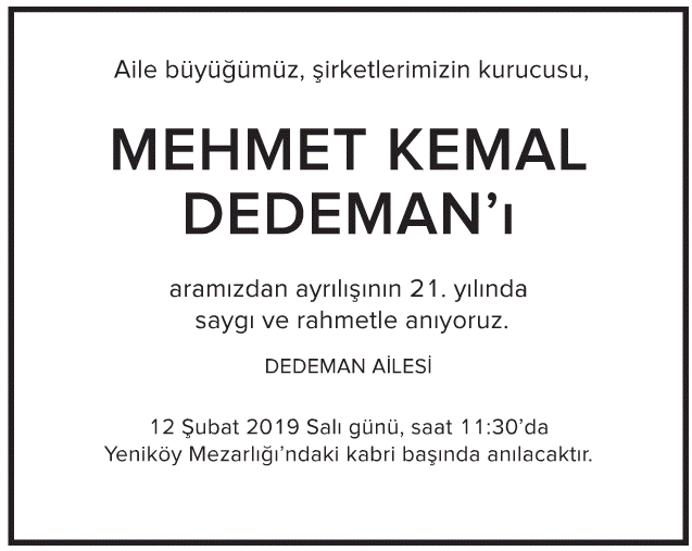 Mehmet Kemal Dedeman Vefat İlanı