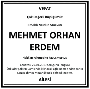 Mehmet Orhan Erdem Vefat İlanı