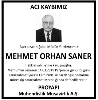 Mehmet Orhan Saner Vefat İlanı