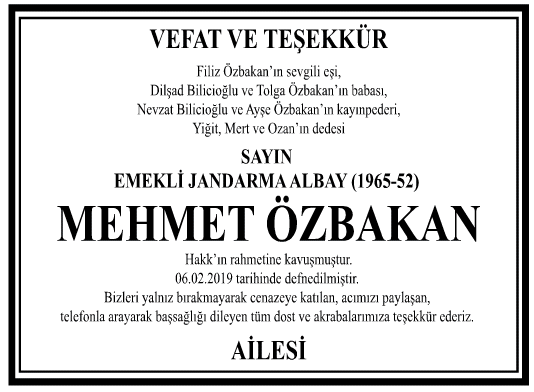  Mehmet Özbakan Teşekkür İlanı