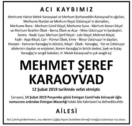 Mehmet Şeref Karaoyvad Vefat İlanı
