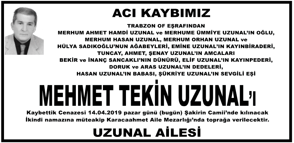 Mehmet Tekin Uzunal Vefat İlanı