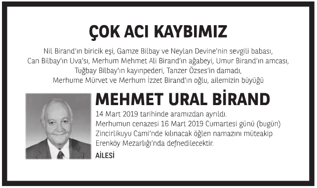 Mehmet Ural Birand Vefat İlanı