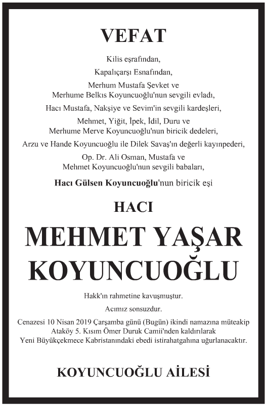 Mehmet Yaşar Koyuncuoğlu Vefat İlanı