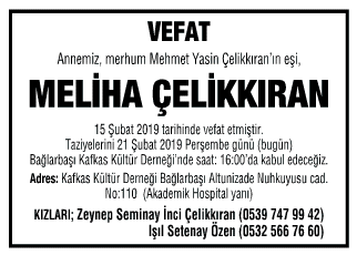 Meliha Çelikkıran Vefat İlanı