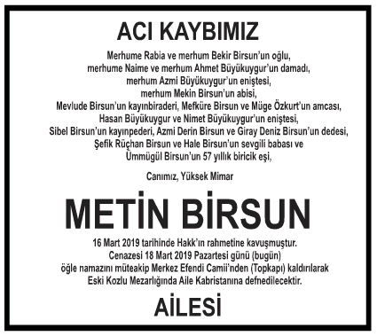  Metin Birsun Vefat İlanı