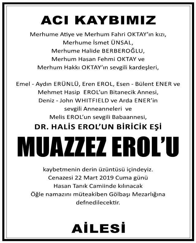 Muazzez Erol Vefat İlanı