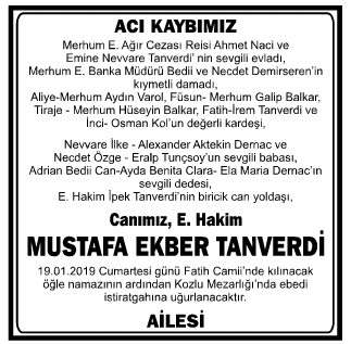 Mustafa Ekber Tanverdi Vefat İlanı