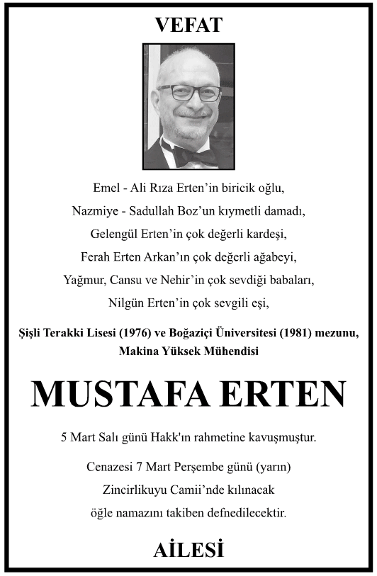 Mustafa Erten Vefat İlanı