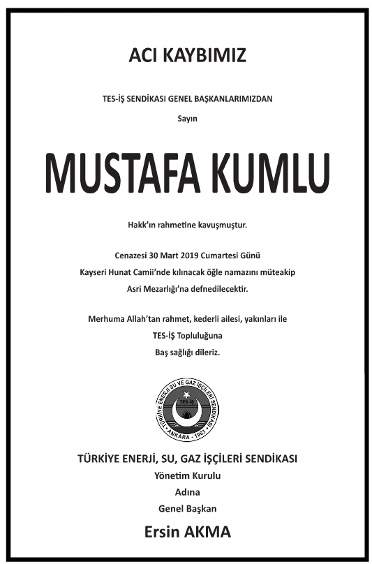 Mustafa Kumlu Vefat İlanı