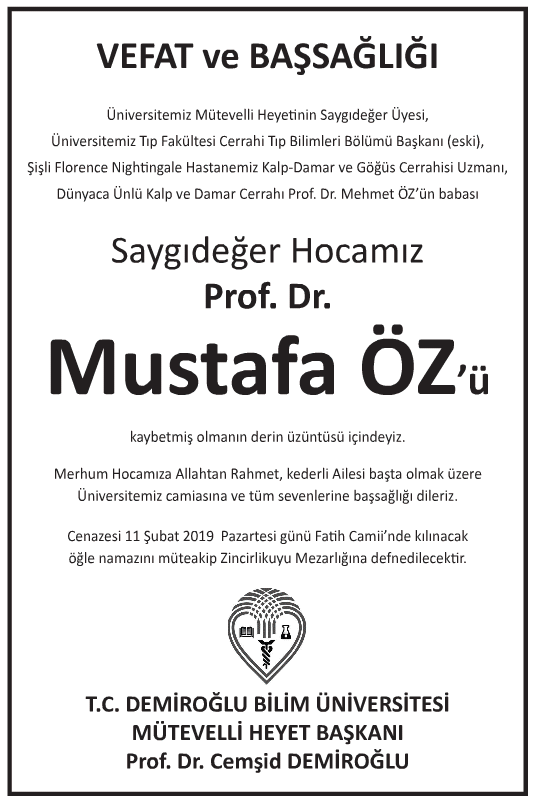 Mustafa Öz Vefat İlanı