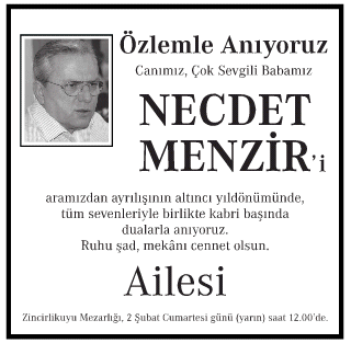 Necdet Menzir Vefat İlanı