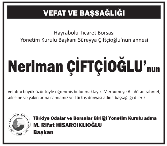 Neriman Çiftçioğlu Vefat İlanı
