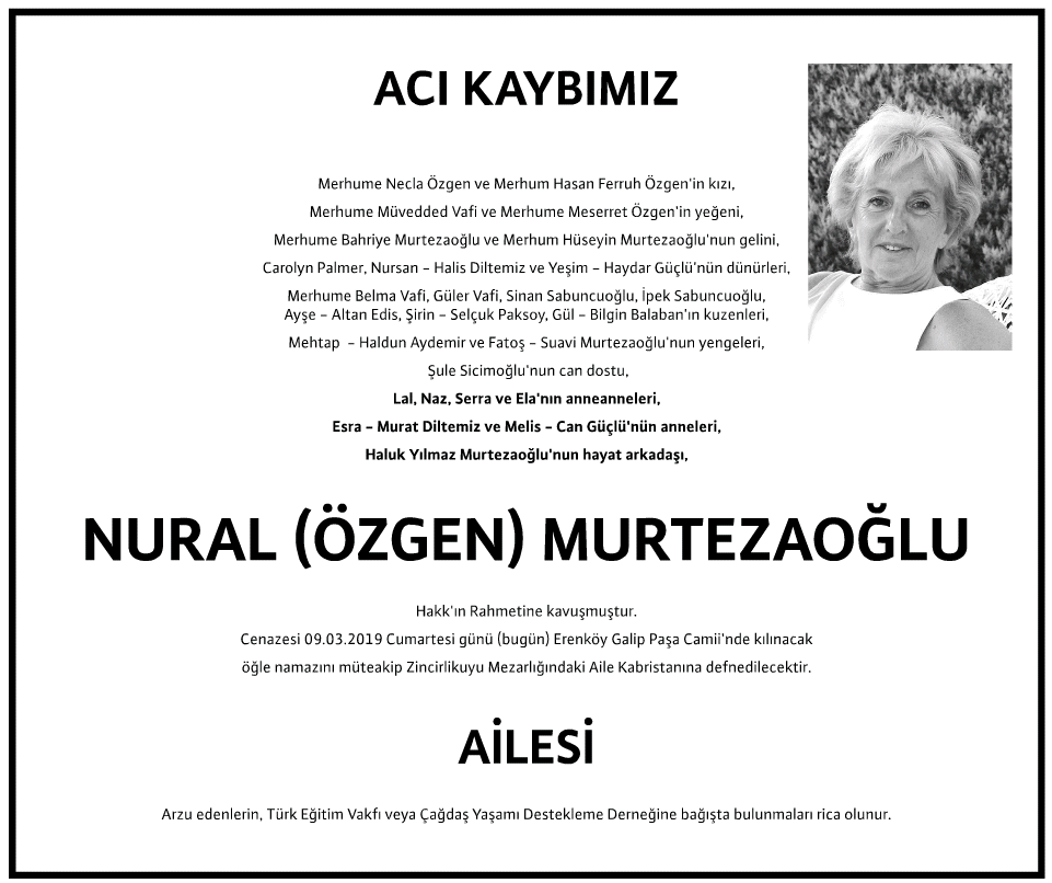 Nural Özgen Murtezaoğlu Vefat İlanı