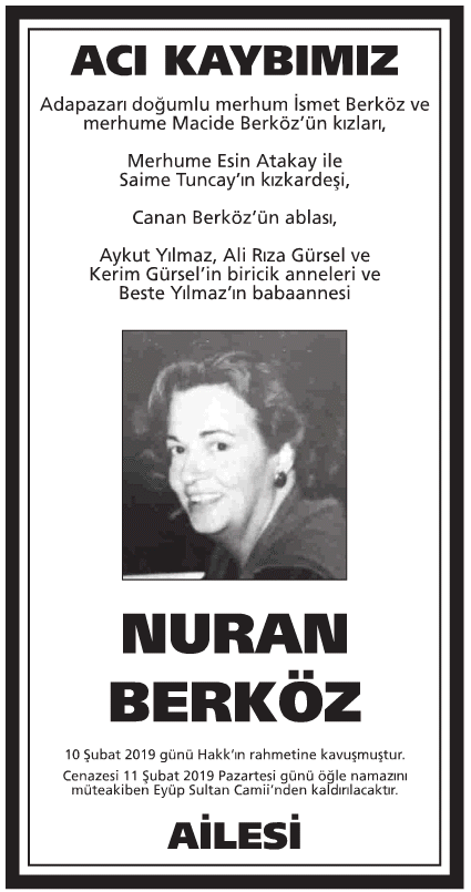 Nuran Berköz Vefat İlanı