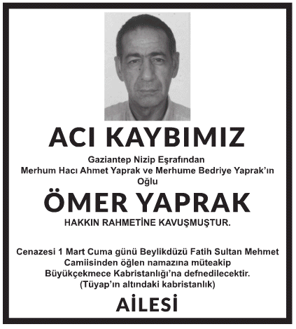 Ömer Yaprak Vefat İlanı