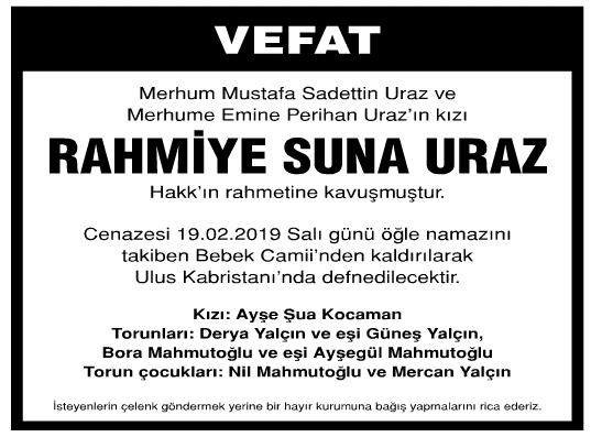 Rahmiye Suna Uraz Vefat İlanı