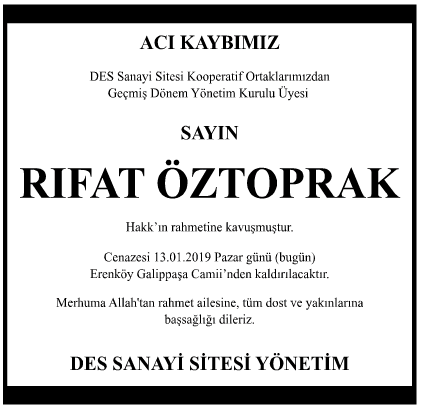 Rıfat Öztoprak Vefat İlanı