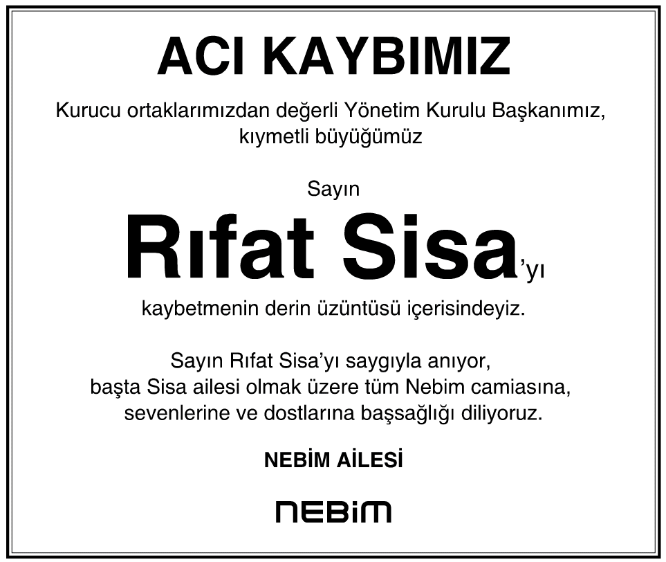 Rıfat Sisa Vefat İlanı