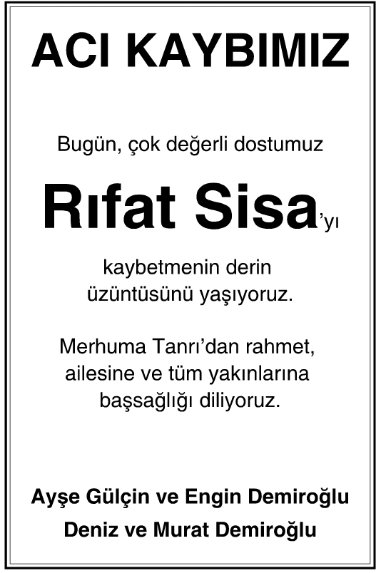 Rıfat Sisa Vefat İlanı