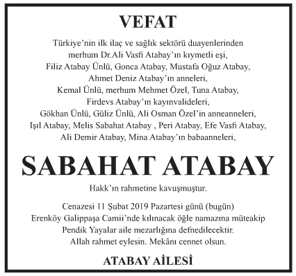 Sabahat Atabay Vefat İlanı